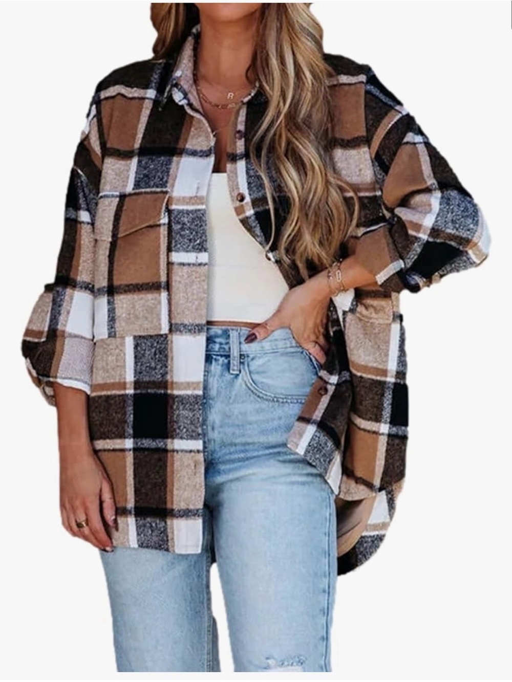 Women's Plaid Button-Up Shacket in Brown